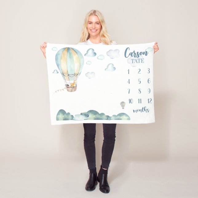 Hot Air Ballon Milestone Blanket Boy Personalisier Fleecedecke (Beispiel)