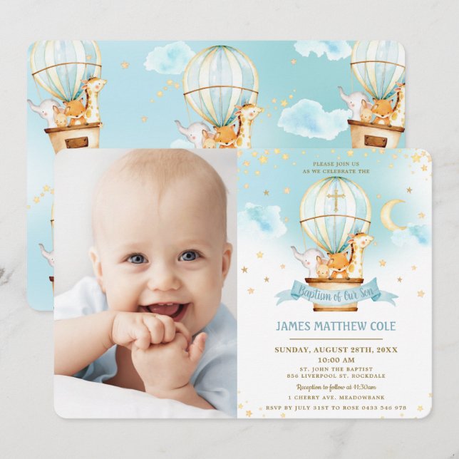 Hot Air Ballon Niedlicher Tiere Taufe Christening Einladung (Vorne/Hinten)