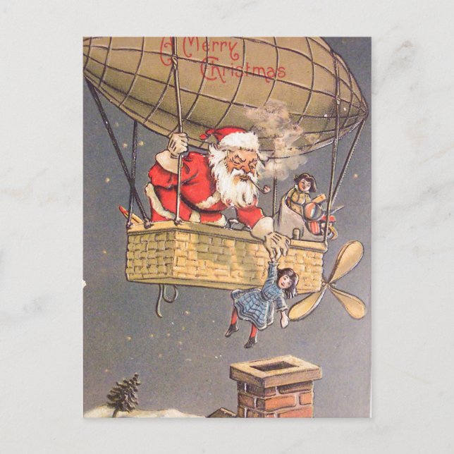 Hot Air Ballon Santa Claus Vintage Postkarte (Vorderseite)