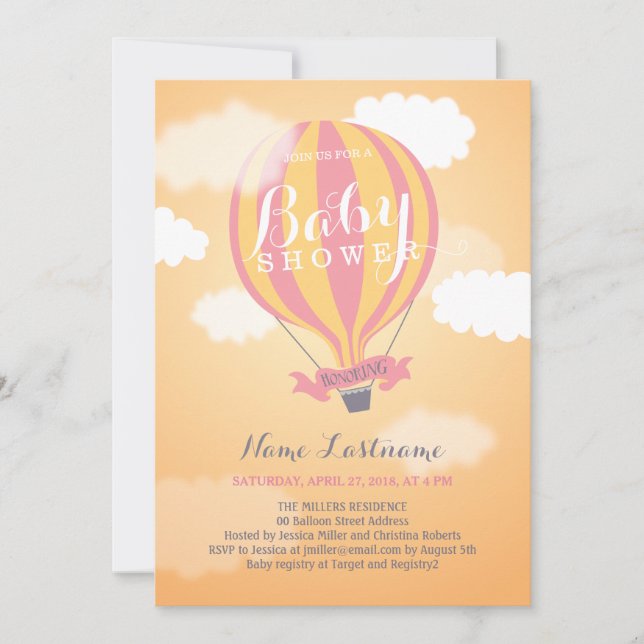 Hot Air Ballon Sunset Girl Babydusche Einladung (Vorderseite)