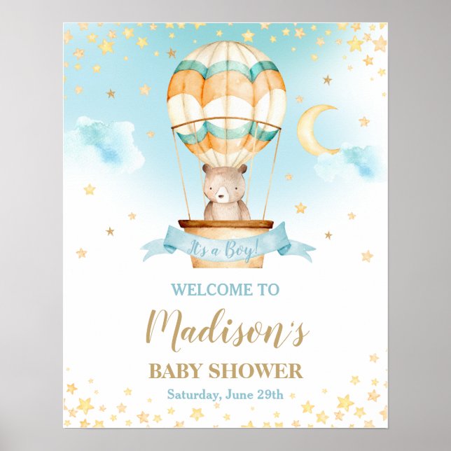 Hot Air Ballon Teddy Bear Baby Shower Junge Willko Poster (Vorne)
