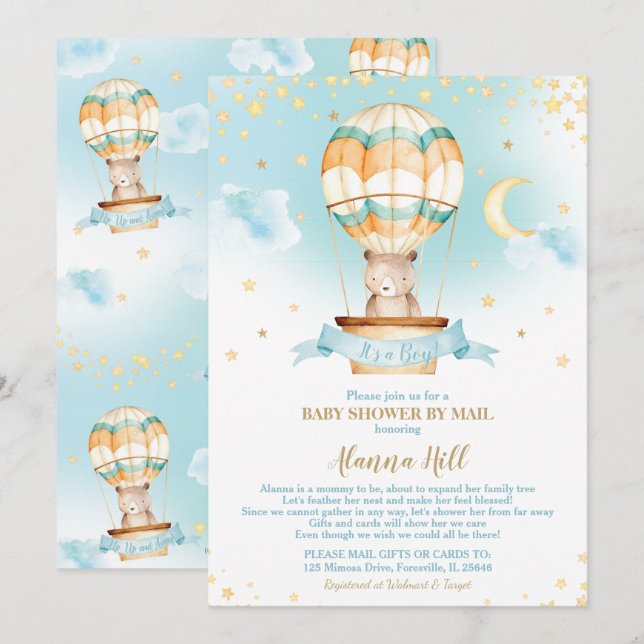 Hot Air Balloon Baby Dusche von Mail Teddy Bear Einladung (Vorne/Hinten)
