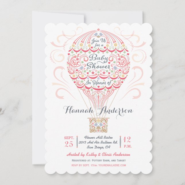 Hot Air Balloon Baby Girl Dusche Einladung (Vorderseite)