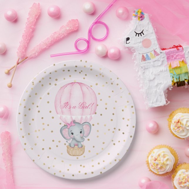 Hot Air Balloon Baby Girl Elephant Babydusche Pappteller (Party)