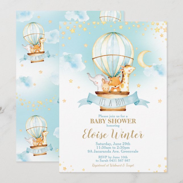 Hot Air Balloon Baby Shower Jungle Animals Boy Einladung (Vorne/Hinten)