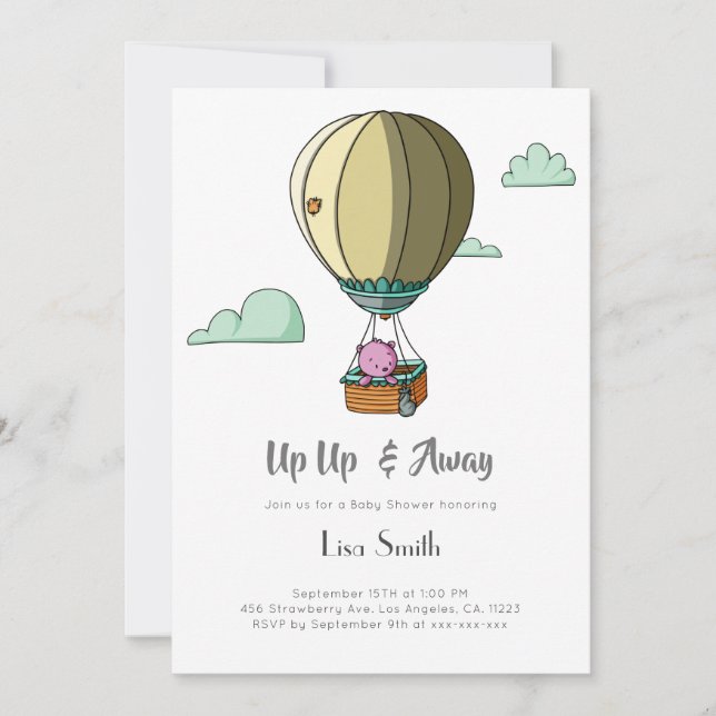 Hot Air Balloon Bear Girl Pink Baby Shower Einladung (Vorderseite)