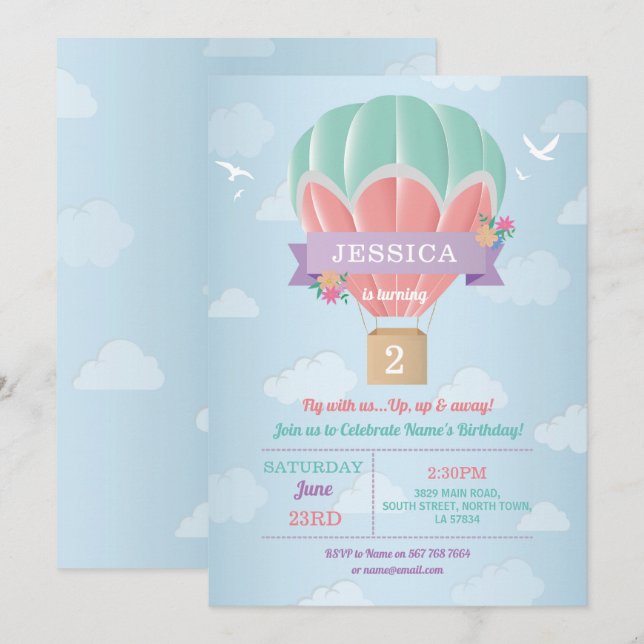 Hot Air Balloon Birthday Party Mint Pink Clouds Einladung (Vorne/Hinten)