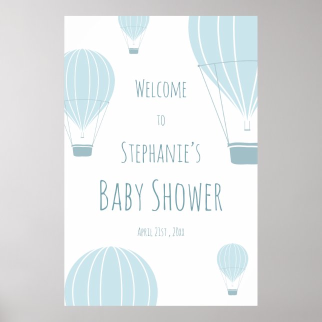 Hot Air Balloon Blue Baby Dusche Willkommen Poster (Vorne)
