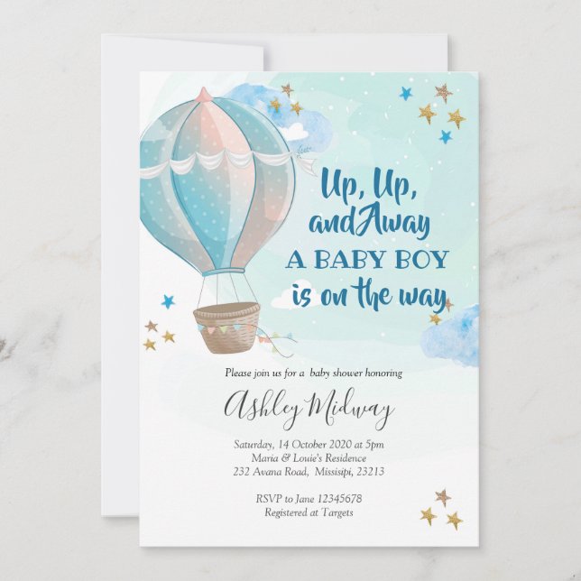 Hot Air Balloon Boy Baby Dusche Einladung (Vorderseite)