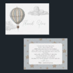 Hot Air Balloon Boy Baby Shower Thank You Mitteilungskarte<br><div class="desc">This boho chic "Adventure Awaits" boy's baby shower thank you note card features a blue hot air balloon and clouds. The reverse side features a baby blue background with star patterns. Personalize it for your needs. You can find matching products at my store.</div>