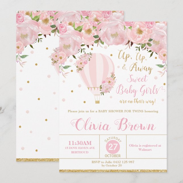 Hot Air Balloon Floral Baby Dusche Twin Girls Einladung (Vorne/Hinten)