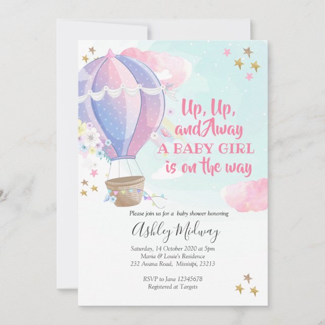 Hot Air Balloon Girl Baby Dusche Einladung (Vorderseite)