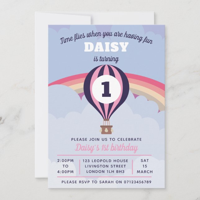 Hot Air Balloon Girls 1ère invitation anniversaire (Devant)