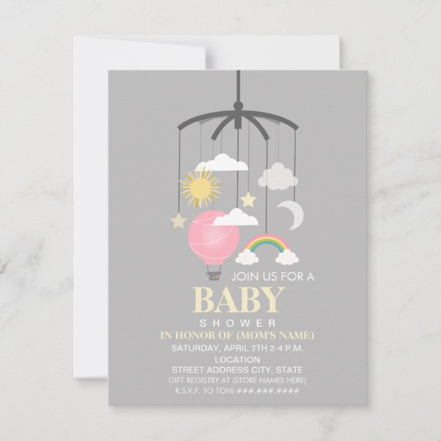 Hot Air Balloon Mobile Girl Modern Baby Dusche Einladung (Vorderseite)