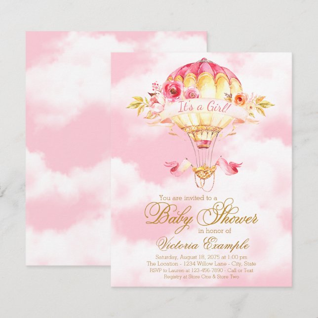 Hot Air Balloon rose or Baby Shower Invitations (Devant / Derrière)
