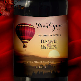 Hot Air Balloon Sunset Wedding Wine Label Weinetikett