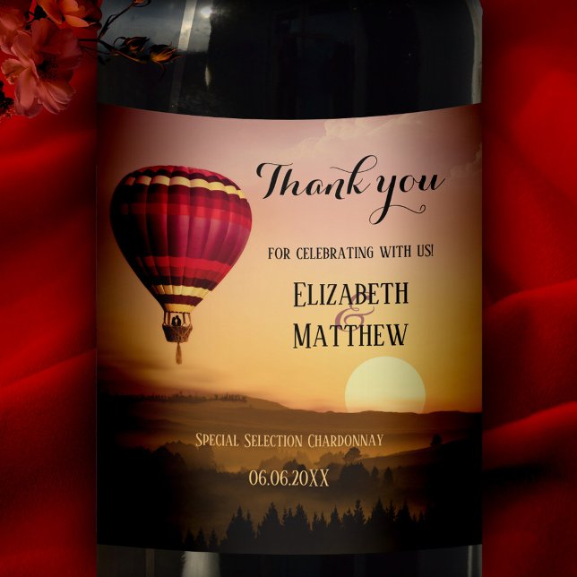 Hot Air Balloon Sunset Wedding Wine Label Weinetikett (Von Creator hochgeladen)