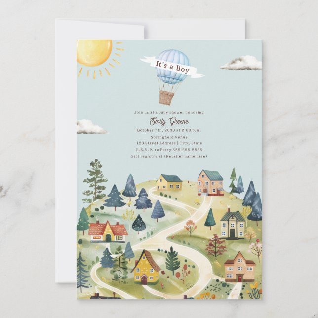 Hot Air Balloon Village Blue Boy Baby Dusche Einladung (Vorderseite)
