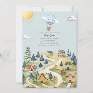 Hot Air Balloon Village Blue Boy Baby Dusche Einladung