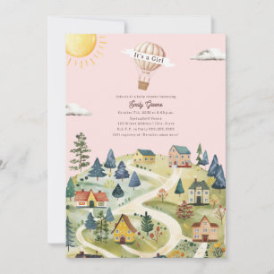 Hot Air Balloon Village Pink Girl Baby Dusche Einladung