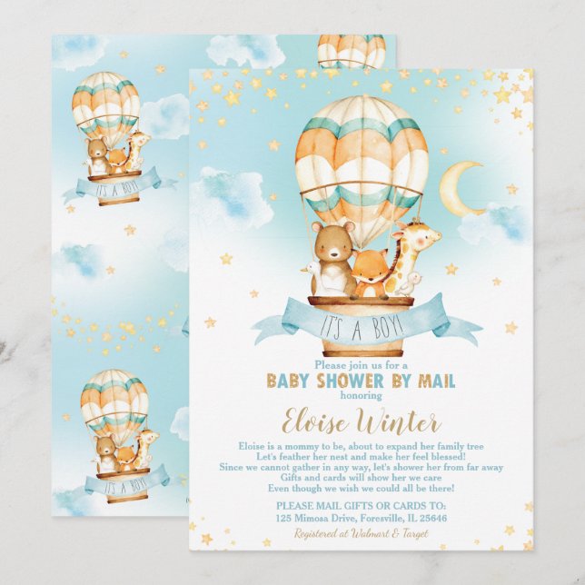 Hot Air Balloon Virtual Baby Boy Dusche per Mail Einladung (Vorne/Hinten)