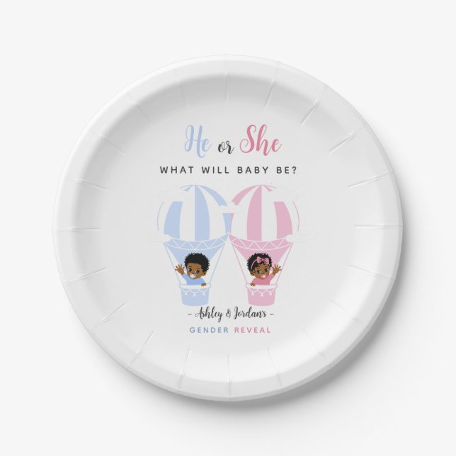 Hot Air Balloon Waving Black Baby Gender Reveal Pappteller (Vorderseite)