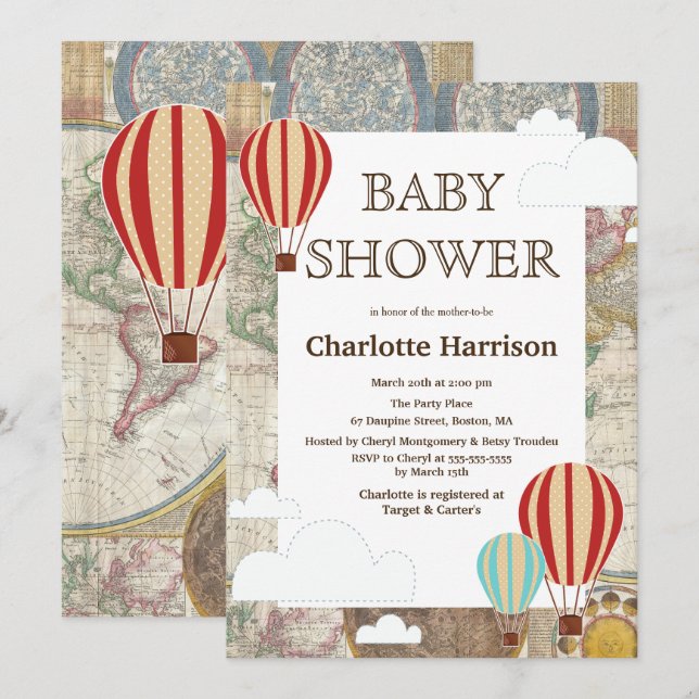 Hot Air Balloons & Clouds World Travel Baby Dusche Einladung (Vorne/Hinten)
