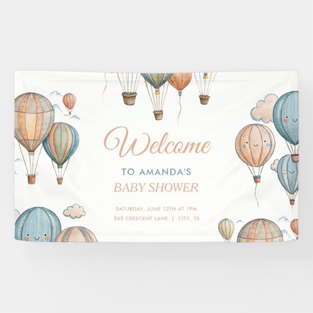 Hot Air Balloons Pastel Boy Travel Baby Dusche Banner (Horizontal)