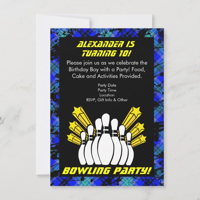 Hot Blue Boy Personalisiert Bowling Party Einladun Einladung (Vorderseite)