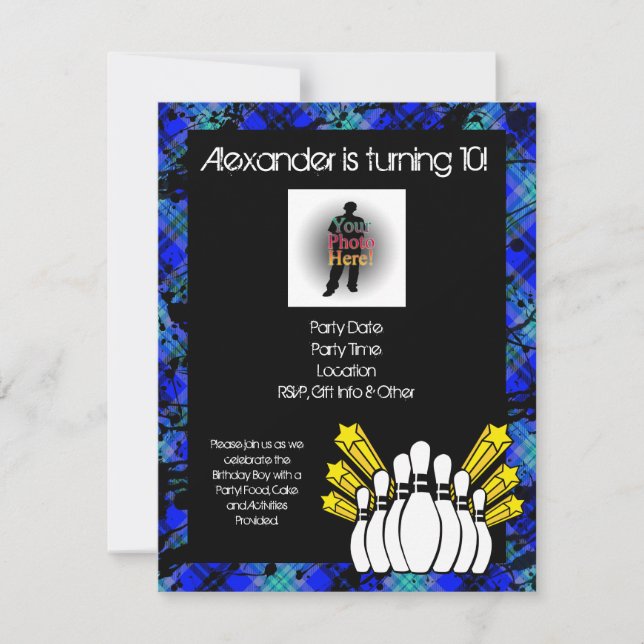 Hot Blue Boy's Photo Bowling Party Invitation (Devant)