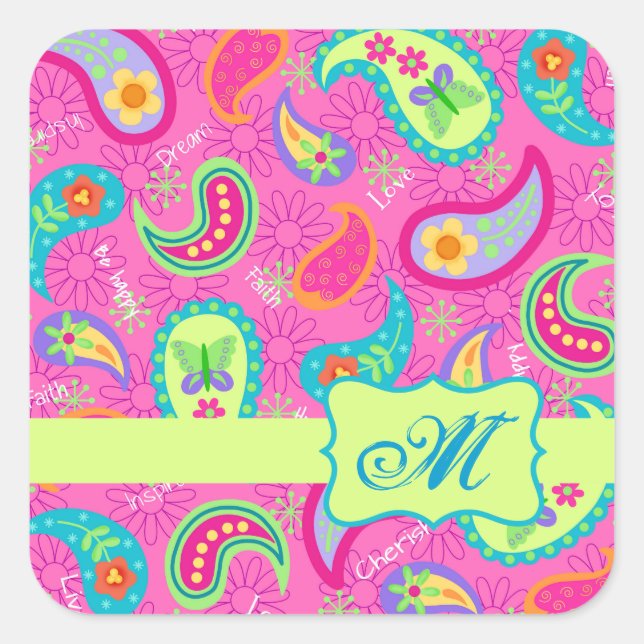 Hot Button Fuchsia Modernes Paisley Muster Monogra Quadratischer Aufkleber (Vorderseite)