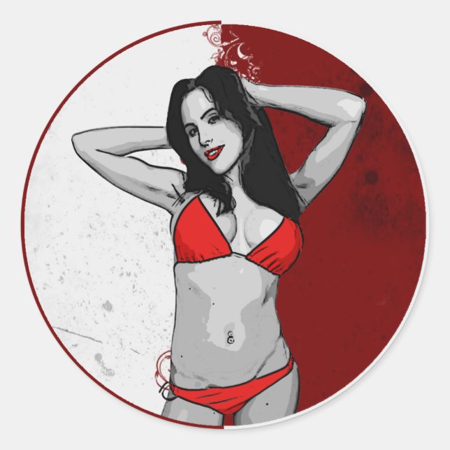 Hot Cartoon Bikini Babe Runder Aufkleber (Vorderseite)
