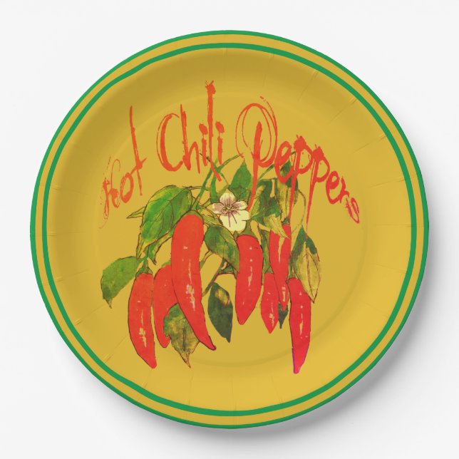 Hot Chili Red Paprikaschoten auf Senf Hintergrundt Pappteller (Vorderseite)