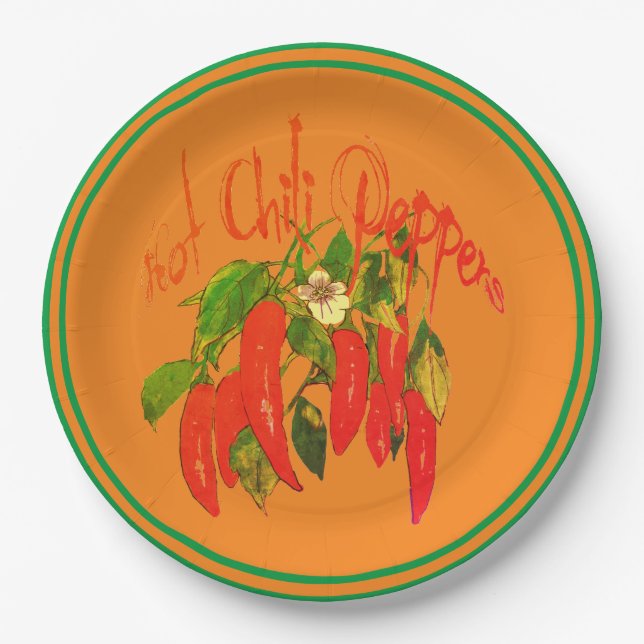 Hot Chili Red Paprikaschoten Terra Cotta Hintergru Pappteller (Vorderseite)