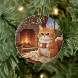 Hot Cocoa Cat Cozy Winter Cat by the Fireplace  Keramik Ornament