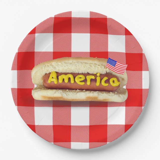 Hot Dog Américain sur Assiette en Papier à Carreau (Devant)
