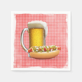 Hot Dog and Beer On Gingham Serviette