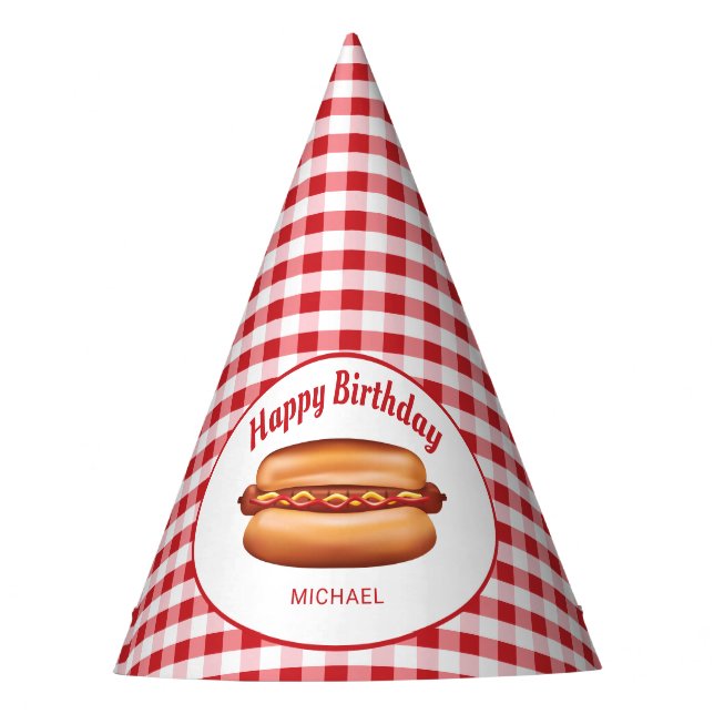 Hot Dog auf Red Gingham Pattern Happy Birthday Partyhütchen (Vorderseite)
