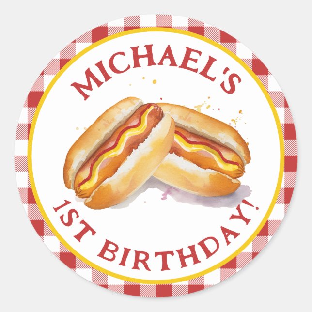 Hot Dog Birthday Round Sticker - Red Gingham Kids (Vorderseite)