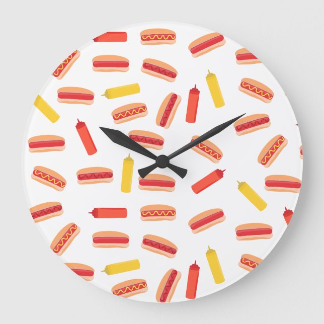 Hot Dog Fast Food GRILLEN Muster Große Wanduhr (Vorderseite)