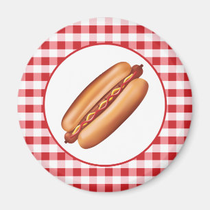 Hot-Dog-Fast-Food-Illustration auf rotem Gingham Magnet