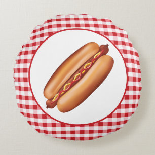 Hot-Dog-Fast-Food-Illustration auf rotem Gingham Rundes Kissen
