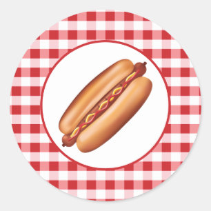 Hot Dog Fast Food Snack auf rotem Gingham Runder Aufkleber