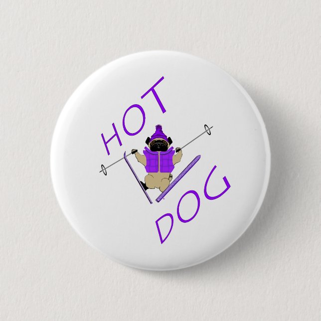 Hot Dog Funny Skifahren Mops Lila Jacket und Skis Button (Vorderseite)