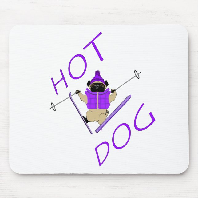 Hot Dog Funny Skifahren Mops Lila Jacket und Skis Mousepad (Vorne)