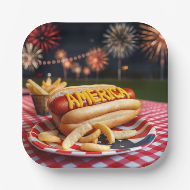 Hot Dog mit Amerika Text und Fireworks Pappteller (Vorderseite)