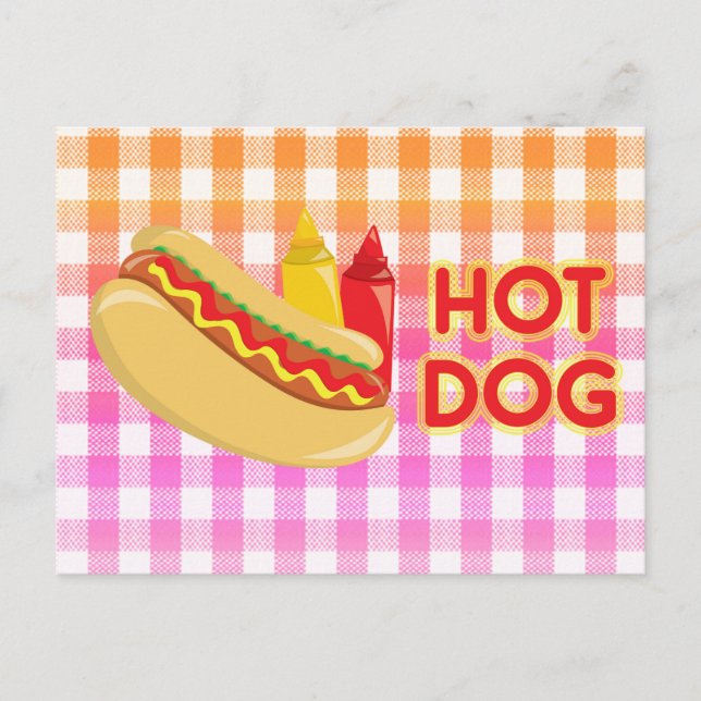 Hot Dog mit Bedingungen auf Gingham Postkarte (Vorderseite)