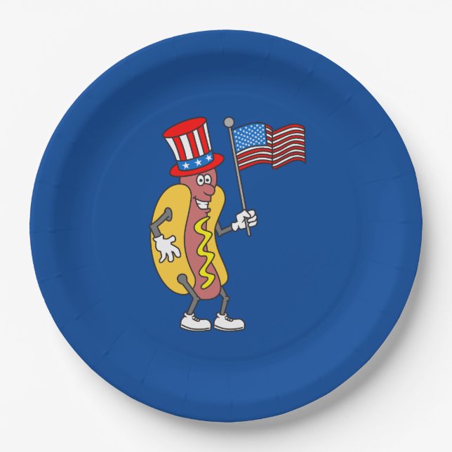 Hot Dog Patriotic Holding US Flag 4. Juli Pappteller (Vorderseite)