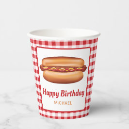 Hot Dog Snack auf Red Gingham Happy Birthday Pappbecher