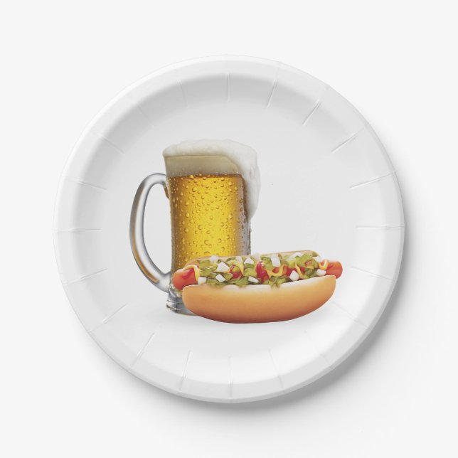 Hot Dog und Bier auf Weiß Pappteller (Vorderseite)